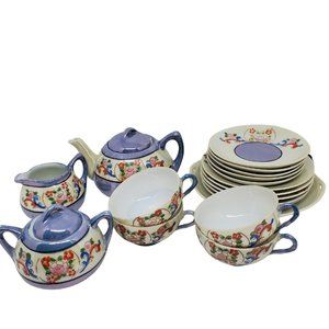 1950s Japanese Lusterware Tea 20 Pc Set Periwinkle Cherry Blossom Hand Painted